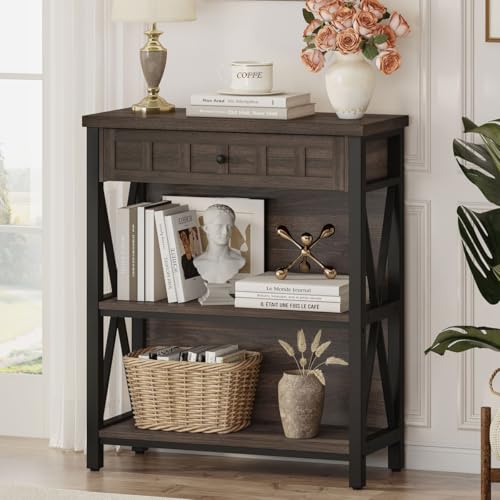 Small Bookcase with Drawer, Industrial 3 Shelf Bookshelf, Wood and Metal Book Shelf, Short Book Shelves and Low Book case for Small Space (Dark Walnut) - color: Dark Walnut, size: With Drawer