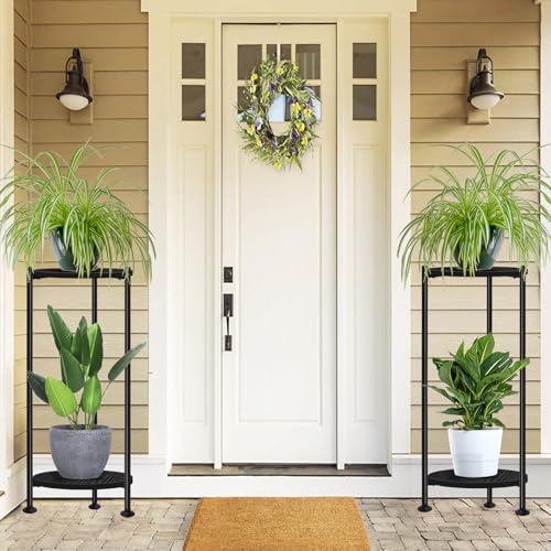 30 inch Tall Plant Stand Indoor for Living Room, Balcony, Bedroom, 2-Pack | Rustic Industrial Wood Flower Holder for Heavy Plants, Stable & Durable, Multi-function 2 Tier Display Rack, Easy Assembly - color: black-2 pack