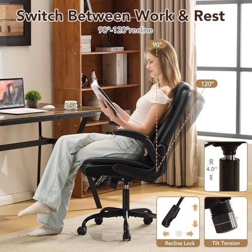 YFO Leather Office Ergonomic Home Office Desk Chair, Back Support Swivel Executive Office Chair with Wheels and Flip-Up Armrests, Small Gaming Chair with Adjustable Rocking Function, Black - color: Black