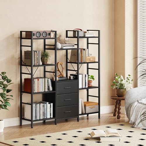 AFLUI Triple Bookshelf with 3 Fabric Drawers, 4-Tier Book Shelf and 10 Display Shelves, Industrial Large Bookcase for Home & Office, Black, 47'' Wide - color: Black, size: 4 Tier(47" W)