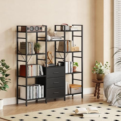 AFLUI Triple Bookshelf with 3 Fabric Drawers, 4-Tier Book Shelf and 10 Display Shelves, Industrial Large Bookcase for Home & Office, Black, 47'' Wide - color: Black, size: 4 Tier(47" W)