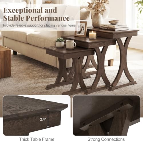 Giantex Nesting Coffee Table Set-of-3 - Stackable Rectangular Sofa End Side Table w/Solid Rubber Wood Legs, Vintage Farmhouse Night Stand for Bedroom Living Room Home Office Small Spaces