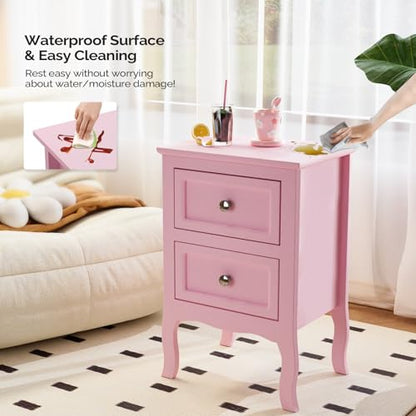 Bonnlo Nightstand with 2 Drawers, Night Stands for Bedrooms, Small Bed Side Table/White Night Stand with Drawers for Small Spaces, College Dorm, Kids’ Room, Living Room, French, 16W x 12D x 24H, Pink - color: Pink
