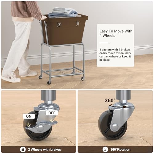 ELYKEN Rolling Laundry Hamper with Wheels, Removable Bag, Laundry Cart | Heavy Duty Metal Frame, 2-Tier Clothes Basket with Shelf, Ideal for Closet, Bedroom, Bathroom & Laundry Room - color: Camel Brown, size: 20.3"L x 15.9"W x 30.9"H