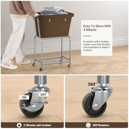 ELYKEN Rolling Laundry Hamper with Wheels, Removable Bag, Laundry Cart | Heavy Duty Metal Frame, 2-Tier Clothes Basket with Shelf, Ideal for Closet, Bedroom, Bathroom & Laundry Room - color: Camel Brown, size: 20.3"L x 15.9"W x 30.9"H