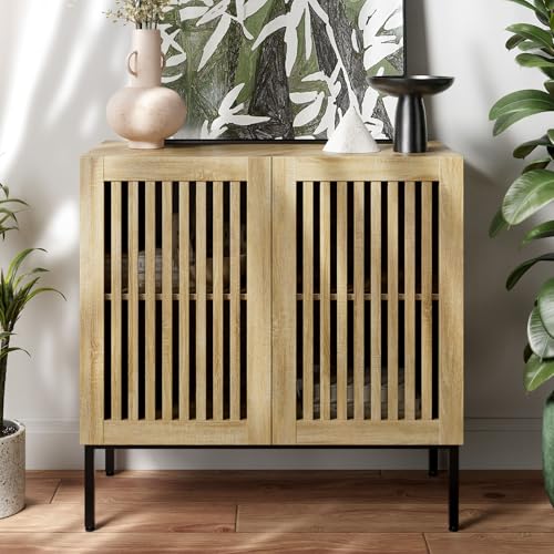 BVIUNTWO Buffet Cabinet with Storage,31.5" Farmhouse Console Table with Metal Base and Adjustable Shelf,Sideboard Coffee Bar Cabinet with 2 Doors for Kitchen,Dining Room,Living Room,Oak - color: Oak, size: 32 Inch