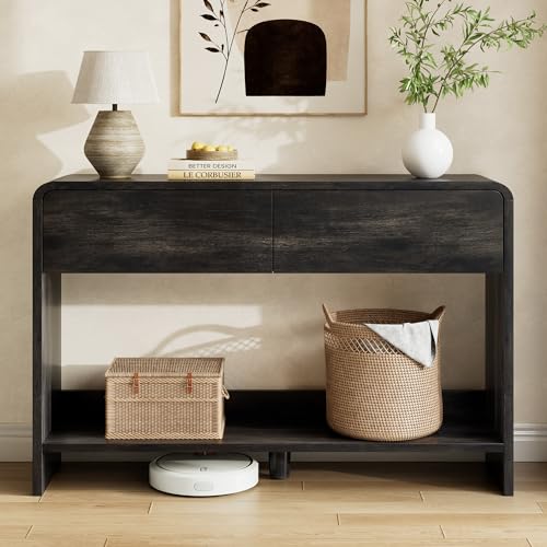 AMERLIFE 45" Modern Entryway Console Table with 2 Storage Drawers | Open Bottom Shelf, Wood Grain Finish, Rounded Edges, Long Sofa Table, Behind Couch, Hallway, Foyer, Living Room, Black - color: Black - Flat Panel, size: 45"