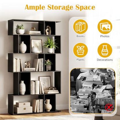GOFLAME 5-Tier Geometric Bookshelf, 62” Tall Bookcase with 10 Open Back & Closed Back Cubes, Modern Display Book Shelf, S-Shaped Storage Organizer for Living Room, Home Office (1,Black) - color: Black