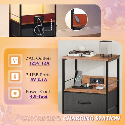 WLIVE Nightstand with Charging Station, LED Night Stand with 2 Fabric Drawers and Open Shelf, Small Dresser for Small Spaces, Side End Tables for Bedroom, Rustic Brown and Black - color: Black and Rustic Brown