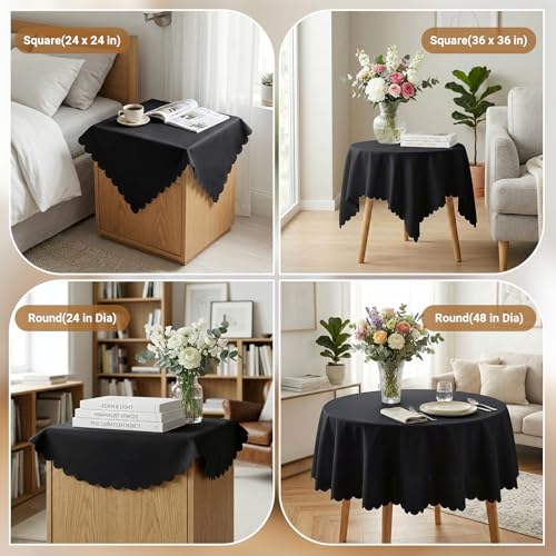 Black Square Tablecloth, 36 x 36 inch Scalloped Fabric Small Table Cloth, Dust Resistant Washable Polyester Square Table Topper Cover for Nightstand End Bedside Small Dining Coffee Tables Top - color: Black, size: 36" x 36" (Square)