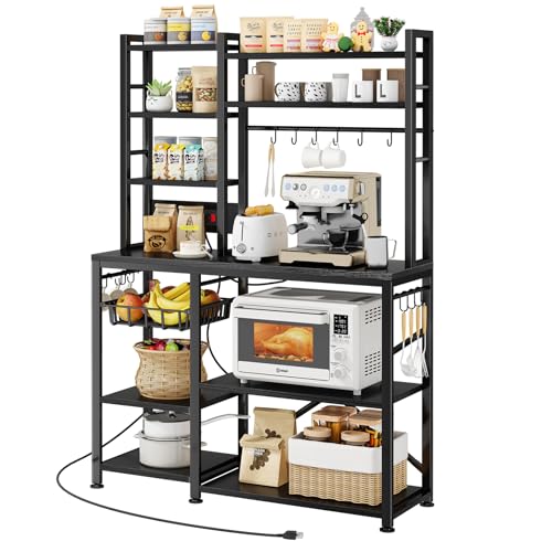 SNTD 6-Tier Bakers Rack with Power Outlets, 36 x 14.6 x 72 in, Rustic Black | Large Capacity for Small Appliances, Stable Metal Frame with Wood Shelves, Pull-Out Basket, 14 Hooks - color: Rustic Black