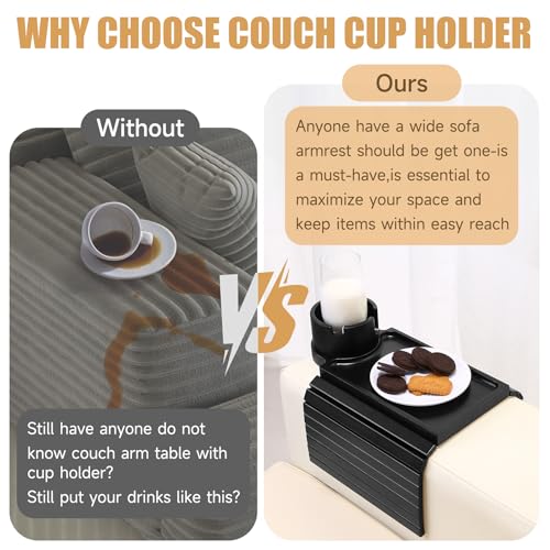 Couch Cup Holder Tray,Foldable Sofa Arm Clip on Tray Table with 360° Rotation Cup Holder,Bamboo Anti-Slip Couch Armrest Table for Coffee Cup,Water Bottles,Mug,Snacks,Remote on Large Armrest - color: Black