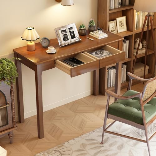 100% Solid Wood Desk with 2 Drawers 39 x 16 Inch Small Desk | Mid Century Modern Desk, Narrow Vintage Writing Wooden Desks for Small Spaces Bedroom, Living Room, Office - color: Walnut, size: 39.4" x 15.7"