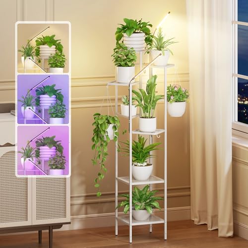 Quikraen 8 tiers Metal Plant Stand with Grow Lights, Tall Lighted Corner Plant Shelf for Indoor Plant Growing,Flower Pot Holder, Plant Rack for Home Decor, Patio (White) - color: White-58.8"