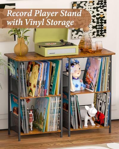 Honkazita 3 Tier Vinyl Record Storage Table Wooden Turntable Stand | holds up to 200 albums, now playing vinyl record stand, small bedside nightstand for bedroom, music room record organizer