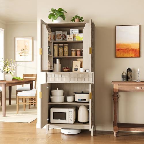 Pantry Cabinet, 71" Tall Pantry Cabinet,Modern Kitchen Cabinet with Doors, Drawers & Adjustable Shelves, Freestanding Food Pantry Cupboard with Side Rack for Kitchen Dining Room,Oak - color: Oak