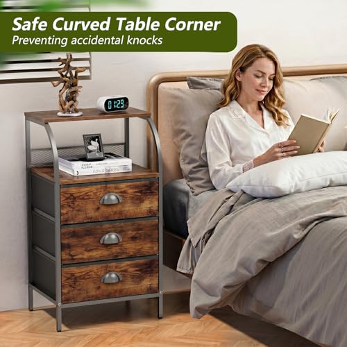 Night Stand Set 2, Tall Nightstand with 3 Fabric Drawers, Bedside Table with 2-Tier Wood Shelf, End Table for Bedroom, Steel Frame, Wood Top, Rustic Brown - color: Brown(3drawer), size: Set of 2