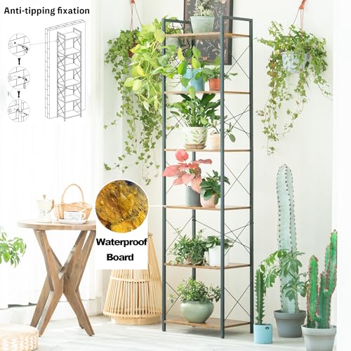 HCHQHS Narrow Bookshelf, Adjustable 6-Tier Industrial Bookcase, Rustic Open Book Shelf, Freestanding Tall Bookshelves with Metal Frame - color: Rustic Brown, size: 6-Tier (16.5"W x 70.2"H, Adjustable)