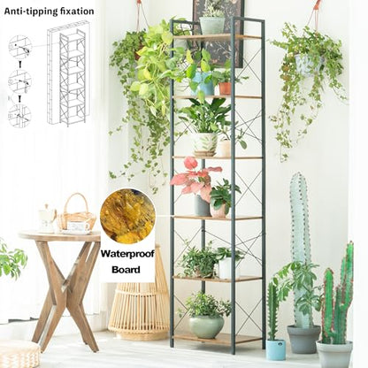 HCHQHS Narrow Bookshelf, Adjustable 6-Tier Industrial Bookcase, Rustic Open Book Shelf, Freestanding Tall Bookshelves with Metal Frame - color: Rustic Brown, size: 6-Tier (16.5"W x 70.2"H, Adjustable)