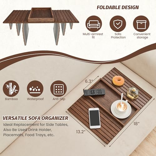 GEHE Bamboo Sofa Arm Tray, Foldable Couch Arm Tray Side Table, Anti-Falling Armrest Tables Cup Holder for Snacks, Drinks, Beers, Phone, Control, Flexible and Portable, Anti-Slip Bottom - color: Brown
