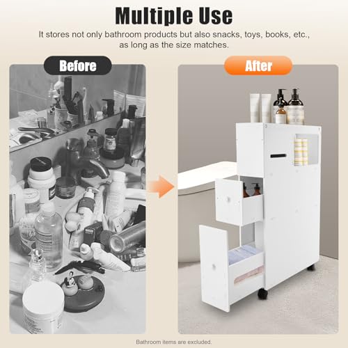 PERFERATE Slim Bathroom Storage Cabinet with Toilet Paper Holder - Narrow Slide Out Drawers Rolling Cart Organizer for Small Space for Bathroom Small Space, Toilet Corner Storage
