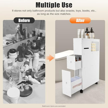 PERFERATE Slim Bathroom Storage Cabinet with Toilet Paper Holder - Narrow Slide Out Drawers Rolling Cart Organizer for Small Space for Bathroom Small Space, Toilet Corner Storage