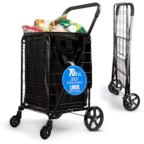 SereneLife Small Compact Folding Shopping Cart with Removable Waterproof Liner – 360° Swivel Wheels, Rust‑Proof Steel Frame, 70 lb Capacity – Portable Grocery, Laundry & Travel Cart (Black) - color: Black