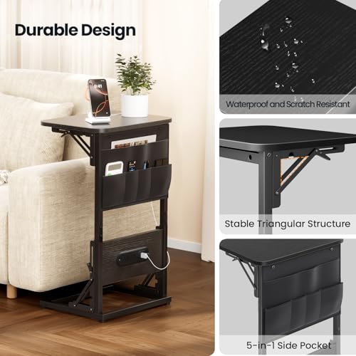 HLDIRECT C Shaped End Table with Charging Station & Storage Bag Black | 2 USB & 2 Outlets, Storage Bag, FSC Wood, Foldable, 11.8"D x 15.7"W, for Small Spaces, Couch, Bedroom - color: Black