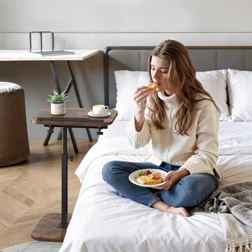 TV Tray Table, Sofa Side Armrest Tray, C Shaped End Table | Adjustable Height, Flip-Top, Snack Side Table with 360° Swivel and 180° Tilt, for Couch, Small Spaces, Bed, Chair, Brown - color: Brown