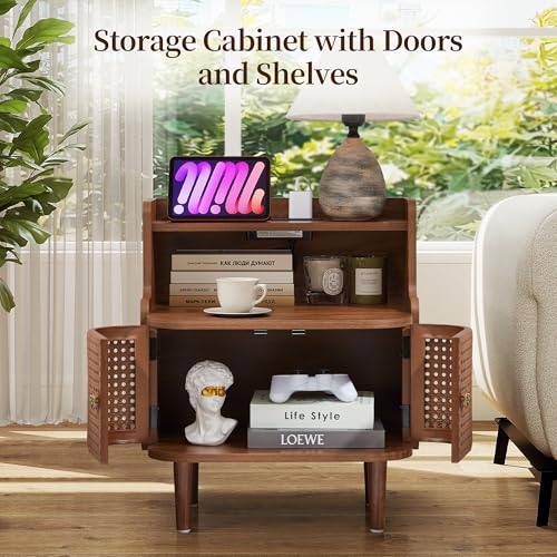 Storage End Table with 2 Door Set of 2, Bed Side Table with Charging Station, Metal Rattan Nightstand for Bedroom, Desk Side Table for Living Room Couch Sofa, Office, Small Spaces - Walnut - size: Door Walnut-set
