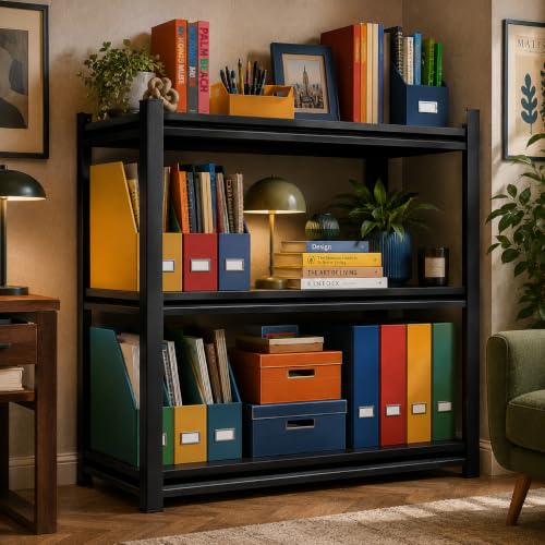 3 Tier Metal Bookshelf, Adjustable Tall Bookcase, Heavy Duty 1800 LBS Modern Deep Book Shelf, Bolt-Free Storage Shelves for Living Room, Home Office, Garage, 27.6" Wx 13.8" Dx 31.5" H - size: 3 Tier-27.6"Wx 13.8"Dx 31.5"H