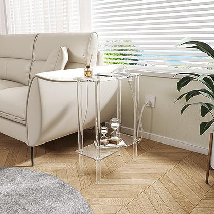 HMYHUM Acrylic Narrow Side Table with Charging Station, 7" Width, 2 Tier Small End Table for Small Spaces, Skinny Nightstand/Bedside Table with USB Ports & Outlet, Clear - size: 2-tier