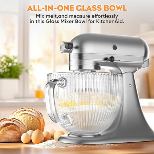 Cofun Glass Mixer Bowl for Kitchenaid Tilt-Head Stand Mixers 4.5-5 Quart | 5 Qt Mixing Bowl Replacement for KitchenAid with Measurement Markings, Handle - color: Glass