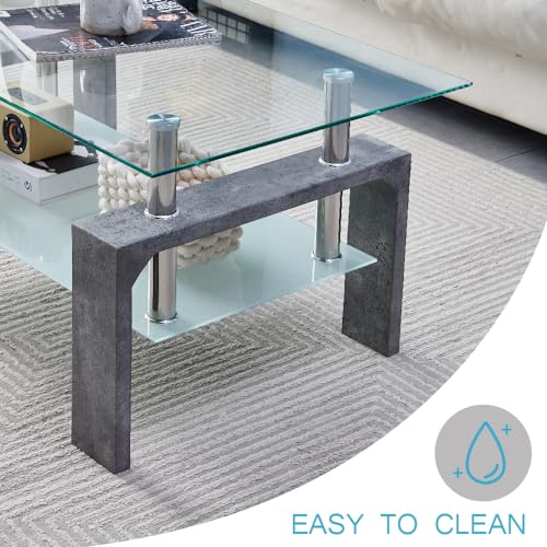 Living Room Rectangle Coffee Table, Tea Table Suitable for Waiting Room, Modern Side Coffee Table with Wooden Leg, Glass Tabletop with Lower Shelf,Grey Marble - color: Grey Marble