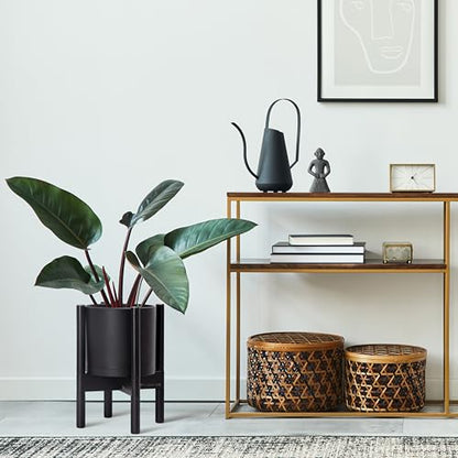 D'vine Dev Plastic Pot with Ebony Wood Stand, Black, 8 in, 55-C-K-2 | Mid-Century Inspired Design, Elevated Plant Display, Clean Lines, Sturdy Support, Modern Space-Saving Style - color: Matte Black Pot + Ebony Stand, size: 8 Inch
