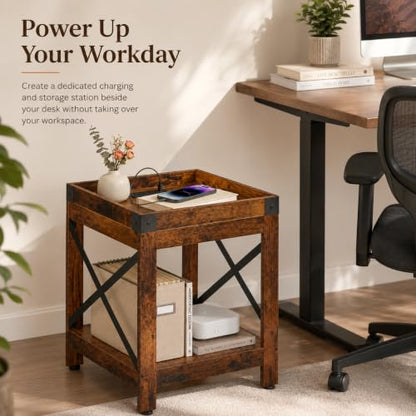 Farmhouse Side Table with Charging Station,2-Tier Square End Table | 2-Tier Shelf Modern Sofa Couch Table Bedside Nightstand With X-Frame for Living Room Bedroom Office Small spaces,Rustic Brown - color: Rustic Brown, style: With Outlets