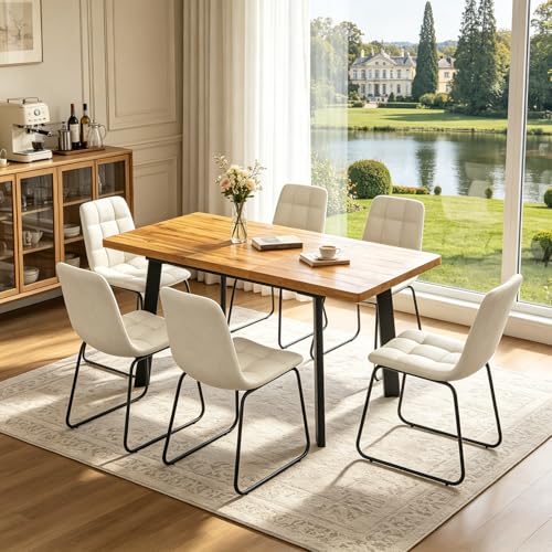 Extendable Dining Table Set for 4 to 8 People, 47.2" to 63" Modern Kitchen Table Set with 6 Chairs, MDF Dining Room Table and Chairs with Removable Extension Leaf (Walnut Table+U-Shaped White Chairs) - color: 47.2'' - 63'' Walnut Table+6 U Beige Chairs