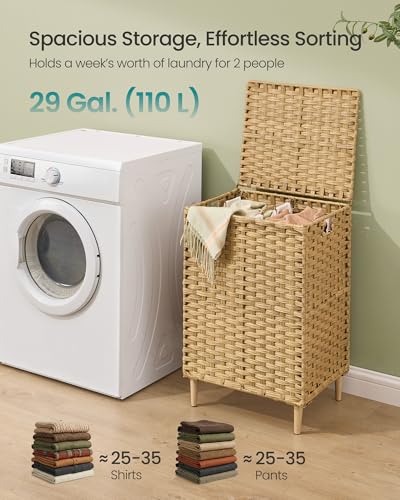 SONGMICS 2-Section Laundry Hamper with Lid, 29 Gal (110L) PE Rattan Laundry Basket with Removable Washable Liners, for Bedroom & Living Room, Goose Yellow ULCB222YE01 - color: Goose Yellow, size: 110 L (2 Basket)