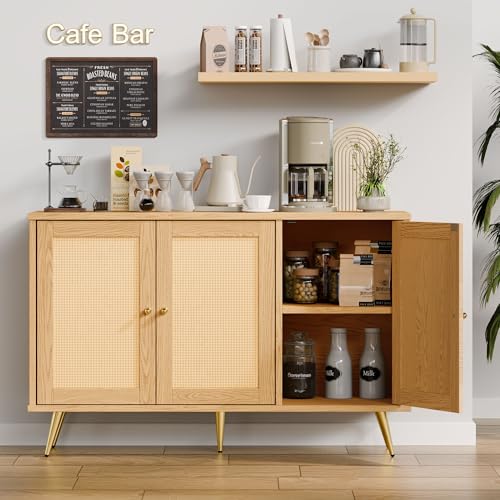 Buffet Sideboard Cabinet with Set of 2 Storage, Kitchen Storage with 3 Rattan Decorated Doors, Accent Cabinet for Dining Room, Living Room, Entryway, Hallway, Natural