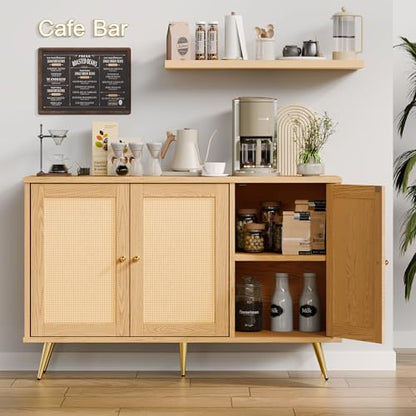 Buffet Sideboard Cabinet with Set of 2 Storage, Kitchen Storage with 3 Rattan Decorated Doors, Accent Cabinet for Dining Room, Living Room, Entryway, Hallway, Natural