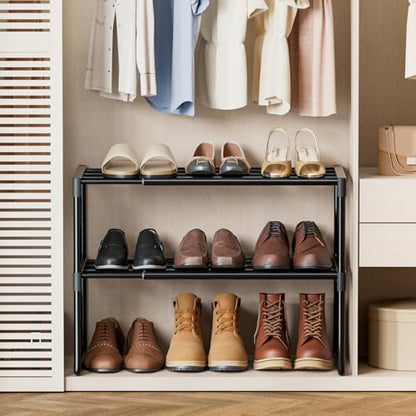 HAIXIN Expandable Shoe Rack, 2 Tier Adjustable Shoe Organizer | Stretch to Fit Your Space, Upright and Upside Down, Stack Multiple Sets, No-Tool Assembly, Fit Tight Closet, Entryway, Strudy - size: 2 Tier