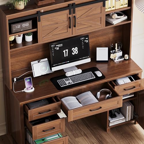 61" Farmhouse Executive Desk with Hutch & Charging Station, Wooden Computer Desk with 2 Sliding Barn Doors, 5 Drawers & Storage Cabinet with Adjustable Shelf for Home Office, Bedroom (Walnut-01) - color: Walnut-01