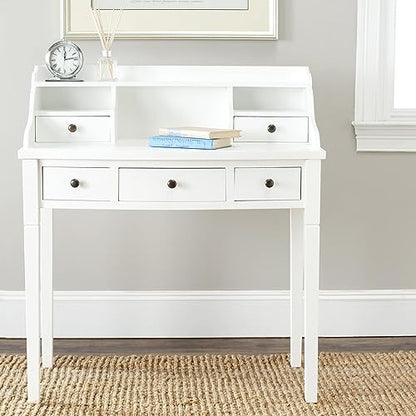 SAFAVIEH Furniture - Landon 5-Drawer Writing Desk - White - Solid Wood - Classic Hutch Design - Ideal for Home Office, Living Room, Den, 36.2"W x 19.1"D x 40.5"H (AMH6516D) - color: White