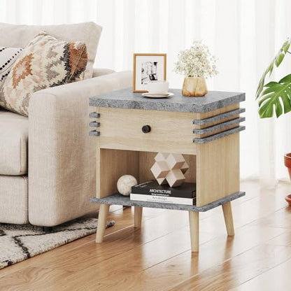 Giantex Modern Nightstand, 3-Tier Bedside Table with Drawer, Open Shelf & Rubber Wood Legs, Color Blocking Sofa Side End Table, Faux Marble Night Stand for Bedroom, Grey & Natural