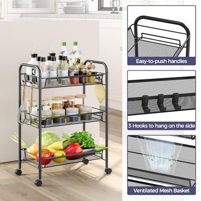 SYKIARIOL Metal Rolling Utility Cart, 3-Tier Mesh Wire Storage Trolley with Easy Assembly, Organizer Craft Cart 3 Hooks, Mobile Shelving Unit for Kitchen, Bathroom, Laundry Room, and Home