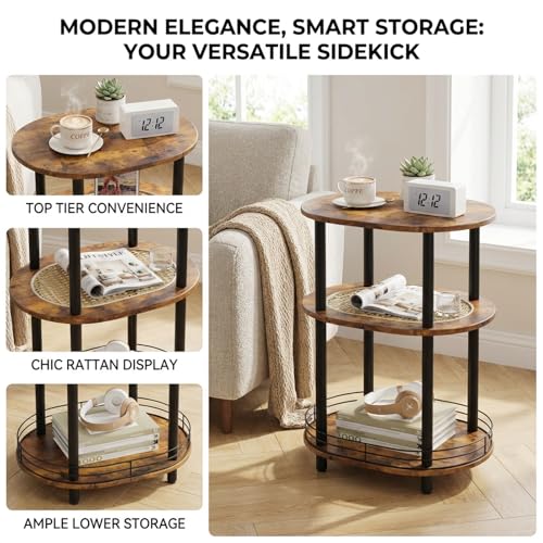 Small Rattan Side Table with Storage, 3 Tier Round/Oval End Table with Rattan Shelf, Boho Nightstand, Tool Free Assembly/Screw-Hole Free Tabletop-Living Room Bedroom-Brown - color: Brown-rattan, size: 1PC