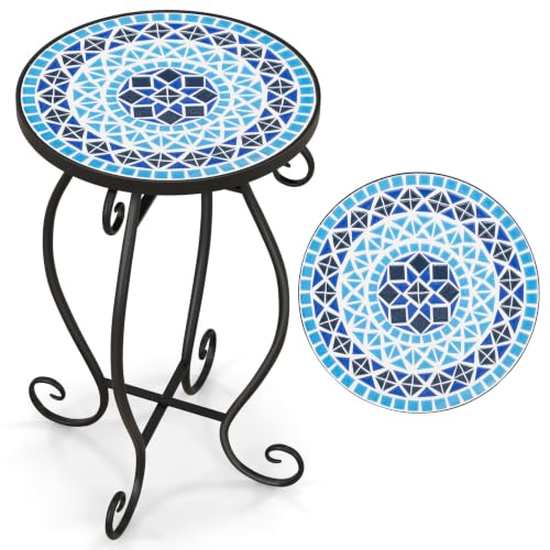 Giantex Outdoor Side Table, Mosaic Patio Table, 12inch Accent Table Plant Stand Indoor, Mosaic Ceramic Tile Top Metal Frame, Small End Table Porch Beach Patio Garden Balcony Poolside - style: Ocean