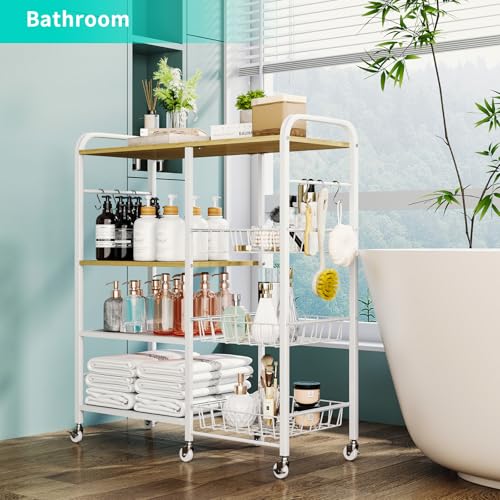HapiRm Rolling Kitchen Microwave Cart - 4 Tier Microwave Table Stand with Pull-Out Baskets, Coffee Bar Baker's Rack with Wheels Rolling Storage Cart Organizer Shelf for Living Room Office, Balcony - color: White