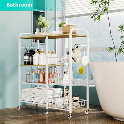 HapiRm Rolling Kitchen Microwave Cart - 4 Tier Microwave Table Stand with Pull-Out Baskets, Coffee Bar Baker's Rack with Wheels Rolling Storage Cart Organizer Shelf for Living Room Office, Balcony - color: White
