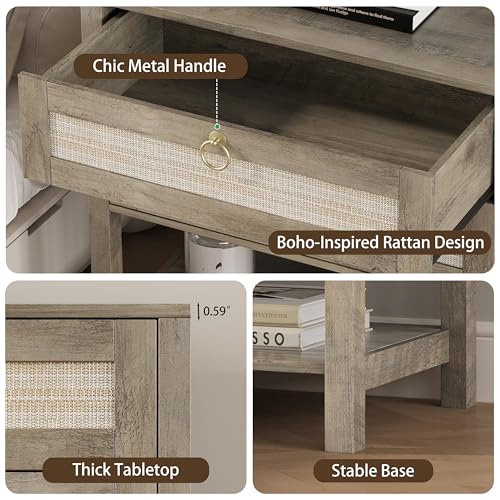 Xixini Rattan Nightstand with 2 Drawers and Open Shelf, 27" Wide Boho Bedside Table with Brass Knobs, Mid-Century Modern Wooden End Table for Bedroom, Grey - color: Grey